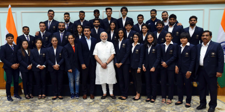 The Prime Minister, Shri Narendra Modi with the Medal Winners of the Commonwealth Games, in New Delhi on April 30, 2018.