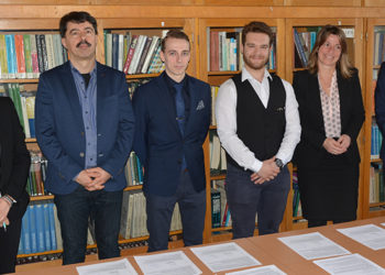 Internship contracts signature at the Budapest University: Claire Beaudoux –Rolls-Royce; Dr. Szabolcs Czifrus - Professor of Nuclear Engineering, Budapest University of Technology and Economics; Abel Imre Cseh; Gergely Vlagyiszlav Boguszlavszkij; Zsuzsa Némedi - Senior Trade Adviser, British Embassy in Budapest; Naim Fahim – Rolls-Royce