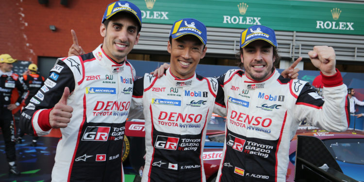 Race winner Fernando Alonso (ESP) with Kazuki Nakajima (JPN)  and Sebastien Buemi (SUI)  
TOYOTA GAZOO  Racing. 
World Endurance Championship 6 Hours of Spa.
2nd to 5th May 2018
Spa Francorchamps, Belgium.