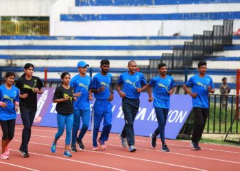 The Indian Elite field training at the Kanteerava Stadium on the eve of the eleventh edition of the TCS World 10K, from left to right, Sanjivani Jadhav, Swati Gadave, Monika Athare, Sharan Man Thappa,, Suresh Kumar, Rahul Pal and AB Belliappa