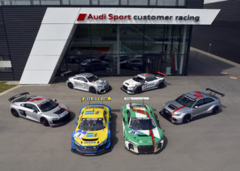 Ten years of Audi Sport customer racing. Back row: Audi TT RS, Audi TT cup. Front row: Audi R8 LMS GT4, Audi R8 LMS ultra, Audi R8 LMS, Audi RS 3 LMS