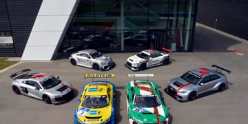 Ten years of Audi Sport customer racing. Back row: Audi TT RS, Audi TT cup. Front row: Audi R8 LMS GT4, Audi R8 LMS ultra, Audi R8 LMS, Audi RS 3 LMS