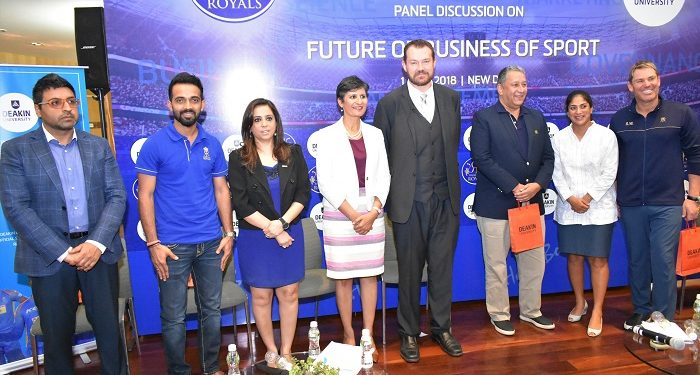 Deakin University, Australia and Rajasthan Royals organised a special panel discussion on “Future of Business of Sport” on 1 May 2018 at New Delhi. The panel discussion was organised with the aim to investigate, analyse and predict the key opportunities prevalent in Business of Sport in the short, medium and long term. It witnessed participation from key players like Shane Warne and Ajinkya Rahane and Lisa Sthalekar, along with industry participation.