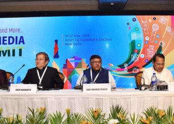 The Union Minister for Electronics & Information Technology and Law & Justice, Shri Ravi Shankar Prasad along with the distinguished dignitaries, at the session on Media Regulation Policies: Ethics, rules and laws, during the 15th Asia Media Summit, in New Delhi on May 10, 2018.