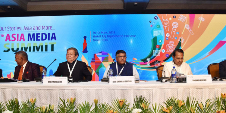 The Union Minister for Electronics & Information Technology and Law & Justice, Shri Ravi Shankar Prasad along with the distinguished dignitaries, at the session on Media Regulation Policies: Ethics, rules and laws, during the 15th Asia Media Summit, in New Delhi on May 10, 2018.