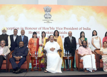 The Vice President, Shri M. Venkaiah Naidu with a group of people, at the Community Reception, in Lima, Peru on May 11, 2018. The Minister of State for Tribal Affairs, Shri Jaswantsinh Sumanbhai Bhabhor and other dignitaries are also seen.