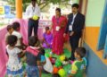 Childrens play area established in the Pink Booth manned by all-women crew of polling officials, at Haveri, during the Karnataka Assembly Election, on May 12, 2018.