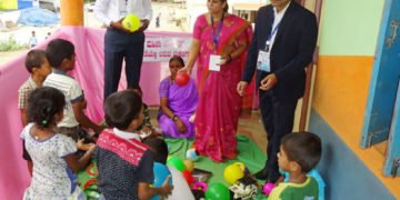 Childrens play area established in the Pink Booth manned by all-women crew of polling officials, at Haveri, during the Karnataka Assembly Election, on May 12, 2018.