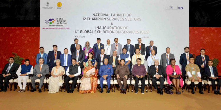 The President, Shri Ram Nath Kovind in a group photograph at the launch of the 12 Champion Sectors in Services and inauguration of the Global Exhibition on Services-2018, at Mumbai, in Maharashtra on May 15, 2018.
	The Governor of Maharashtra, Shri C. Vidyasagar Rao, the Union Minister for Commerce & Industry and Civil Aviation, Shri Suresh Prabhakar Prabhu, the Chief Minister of Maharashtra, Shri Devendra Fadnavis, the Commerce Secretary, Ms. Rita A. Teaotia and other dignitaries are also seen.