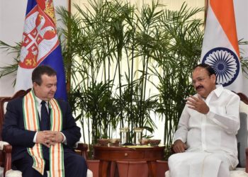 The Vice President, Shri M. Venkaiah Naidu interacting with the First Deputy Prime Minister and Minister of Foreign Affairs of Serbia, Mr. Ivica Dacic, in New Delhi on May 03, 2018.