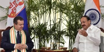 The Vice President, Shri M. Venkaiah Naidu interacting with the First Deputy Prime Minister and Minister of Foreign Affairs of Serbia, Mr. Ivica Dacic, in New Delhi on May 03, 2018.