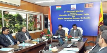 The Director General, Narcotics Control Bureau (NCB), Shri Abhay and the Deputy Inspector General of Police, Police Narcotics Bureau (PNB), Sri Lanka, Mr. Sajeewa Medawatte jointly chairing the opening session of the two-day Third Bilateral Meeting between NCB, India and PNB, Sri Lanka, in New Delhi on May 04, 2018.