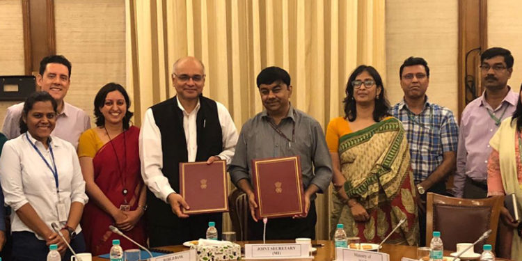 The agreement for the Project was signed by Sameer Kumar Khare, Joint Secretary, Department of Economic Affairs, Ministry of Finance (Right), on behalf of the Government of India and Junaid Ahmad, Country Director, World Bank India (Left), on behalf of the World Bank

Photo Credit: World Bank