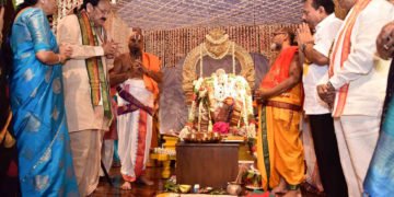 The Vice President, Shri M. Venkaiah Naidu performing Yadadri Sri Laxmi Narasimha Swamy Kalyanam, on the occasion of Telangana State Formation Day, in New Delhi on June 02, 2018.