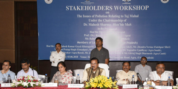 The Minister of State for Culture (I/C) and Environment, Forest & Climate Change, Dr. Mahesh Sharma addressing at a Stakeholders Workshop to discuss the issues of pollution in and around Taj Mahal, in Agra, Uttar Pradesh on June 03, 2018.