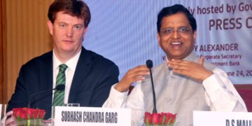 The Secretary, Department of Economic Affairs, M/o Finance, Shri Subhash Chandra Garg and the Vice President & Corporate Secretary, Asia Infrastructure Investment Bank, Mr. Danny Alexander at the press conference regarding 3rd Annual Meeting, in Mumbai on June 24, 2018.