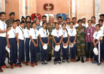 The Chief of Army Staff, General Bipin Rawat with the students and teachers from Jammu & Kashmir, in New Delhi on June 29, 2018.