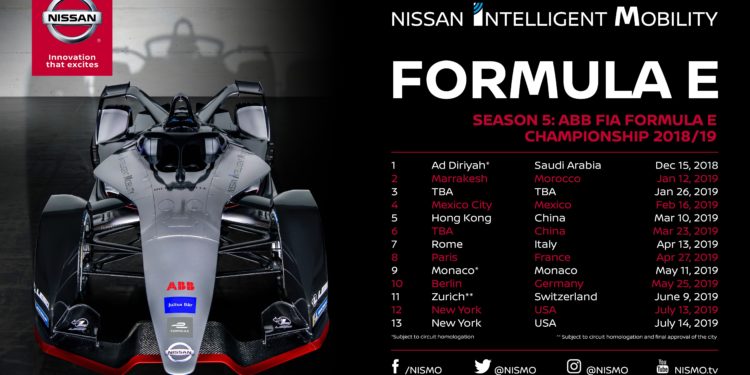 YOKOHAMA, Japan (June 14, 2018)  Nissan will race in 12 cities on four continents during season five of the ABB FIA Formula E Championship.