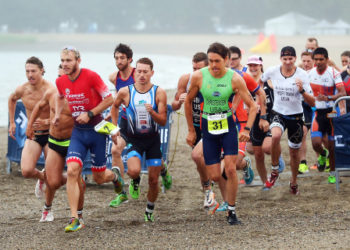 BOSTON, MA - JULY 22:  The elite athletes begin the Olympic race at Columbia Threadneedle Investments Boston Triathlon on July 22, 2018 in Boston, Massachusetts. (Photo by Adam Glanzman/Getty Images for Columbia Threadneedle Investments)