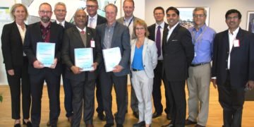 (Left-Right) The Saab team poses for a photo with (standing fourth from left) Kiran V, General Manager (International Marketing), BEL, after signing of the MoU between Saab and BEL for jointly marketing the L-Band 3D Air Surveillance Radar, RAWL-03. They are Asa Axelsson, Urban Lennheimer, Vice President and Head of Business Unit (Surface Radar Solutions), Ted Ackerstierna, Lars Tossman,
David Kovarik, Vice President (Sales and Product Management), Daniel Forsberg, Anna Lindbom, Johan Wretman, Manod Jinnuri, Jose Mera and Santhosh Kumar.