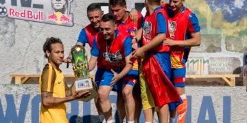 Neymar Jr and Team Romania are seen during the prize giving of Neymar Jr's Five World Final in Praia Grande, Brazil on July 8, 2017.