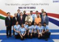 The Prime Minister Narendra Modi and the President of the Republic of Korea, Mr. Moon Jae-in in a group photograph at the inauguration of the Samsung manufacturing plant, Worlds Largest Mobile Factory, in Noida, Uttar Pradesh on July 09, 2018. The Chief Minister of Uttar Pradesh, Yogi Adityanath and other dignitaries are also seen.
