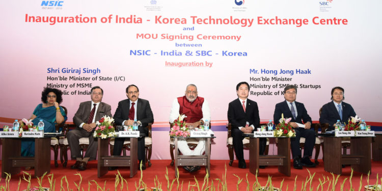 The Minister of State for Micro, Small & Medium Enterprises (I/C), Shri Giriraj Singh and the Minister of SMEs and Start-ups of Republic of South Korea, Hong Jong Haak at the inauguration of the India-Korea Technology Centre, at NSIC, in New Delhi on July 10, 2018.
	The Secretary, MSME, Shri Arun Kumar Panda and other dignitaries are also seen.