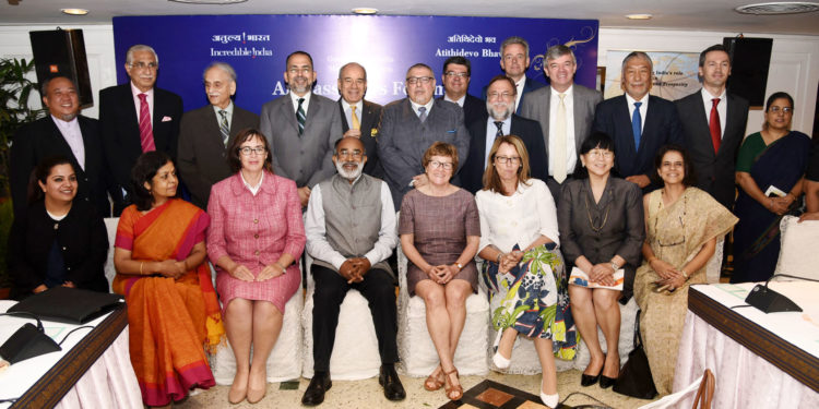 The Minister of State for Tourism (I/C), Shri Alphons Kannanthanam with Ambassadors and Diplomatic representatives after an interactive session with them to promote bilateral tourism, in New Delhi on July 10, 2018.
	The Secretary, Ministry of Tourism, Smt. Rashmi Verma is also seen.