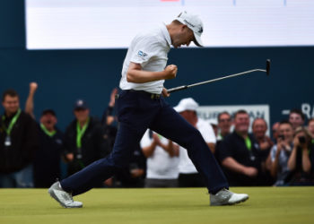 Donegal , Ireland - 8 July 2018; Russell Knox of Scotland celebrates a birdie putt on the 18th green to win the play off and tournament on Day Four of the Dubai Duty Free Irish Open Golf Championship at Ballyliffin Golf Club in Ballyliffin, Co. Donegal. (Photo By Oliver McVeigh/Sportsfile via Getty Images)