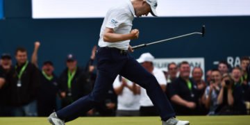 Donegal , Ireland - 8 July 2018; Russell Knox of Scotland celebrates a birdie putt on the 18th green to win the play off and tournament on Day Four of the Dubai Duty Free Irish Open Golf Championship at Ballyliffin Golf Club in Ballyliffin, Co. Donegal. (Photo By Oliver McVeigh/Sportsfile via Getty Images)