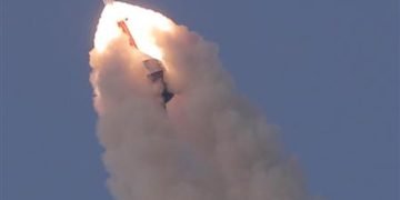 The Crew Escape System (CES) lifting off from the launch pad, during a test conducted by the Indian Space Research Organisation (ISRO), at Satish Dhawan Space Centre, Sriharikota, Andhra Pradesh on July 05, 2018.