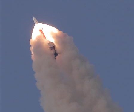 The Crew Escape System (CES) lifting off from the launch pad, during a test conducted by the Indian Space Research Organisation (ISRO), at Satish Dhawan Space Centre, Sriharikota, Andhra Pradesh on July 05, 2018.