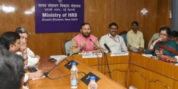 The Union Minister for Human Resource Development,Mr.Prakash Javadekar addressing a press conference on the cabinet decision relating to Higher Education Financing Agency, in New Delhi on July 05, 2018. The Secretary, Department of Higher Education, Mr. R. Subrahmanyam is also seen.