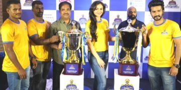 Tamil Thalaivas team members, D Gopu and K Jayseelan, Tamil Nadu Amateur Kabaddi Federation Secretary, Mr. Safiulla unveil the trophy for the Children's Kabaddi Challenge alongside Chief Motivation Officer actress Andrea Jeremiah, CEO Tamil Thalaivas, Viren D'Silva and Chief Motivation Officer Actor Vishnu Vishal who unveiled the trophy for the Corporate Kabaddi Fest.
