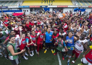 Neymar da Silva Santos Junior and participants pose for a portrait at Neymar Jr's Five World Final in Praia Grande, Brazil on July 21, 2018