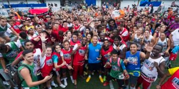 Neymar da Silva Santos Junior and participants pose for a portrait at Neymar Jr's Five World Final in Praia Grande, Brazil on July 21, 2018