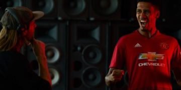 Manchester United defender, Chris Smalling, celebrates in front of a wall of speakers during a Chivas film shoot in July in Los Angeles, United States. The film was released to announce Chivas as the "Official Global Spirits Partner" of Manchester United. Photographer: Monroe Alvarez