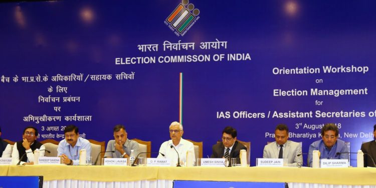 The Chief Election Commissioner, O.P. Rawat along with the Election Commissioner, Shri Ashok Lavasa and other dignitaries at an Orientation Workshop on Election Management for IAS officers/ Assistant Secretaries of the 2016 Batch, in New Delhi on August 03, 2018.