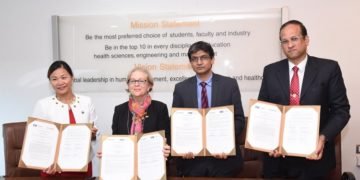 MAHE-FIU: Dr Joanne Li, Dean College of Business, Dr. Meredith Newman, Vice Provost for Faculty & Global Affairs, FIU, Dr Raghu Radhakrishnan, Director International Collaborations and Dr Sandeep Shenoy, Prof and Head Department of Commerce, MAHE with the signed documents at the University Board Room in Manipal  recently.