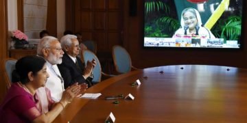 The Prime Minister,  Narendra Modi, the Prime Minister of Bangladesh, Ms. Sheikh Hasina, the Chief Minister of West Bengal, Ms. Mamata Banerjee and the Chief Minister of Tripura,  Biplab Kumar Deb jointly dedicate three projects in Bangladesh via Video Conference, in New Delhi on September 10, 2018.