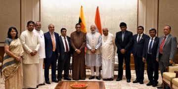 The Prime Minister, Narendra Modi with a delegation led by the Speaker of the Sri Lankan Parliament, Mr. Karu Jayasurya, in New Delhi on September 10, 2018.