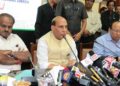 The Union Home Minister,  Rajnath Singh addressing a press conference after the 28th Meeting of the Southern Zonal Council, in Bengaluru on September 18, 2018. The Chief Minister of Karnataka, H.D. Kumaraswamy is also seen.