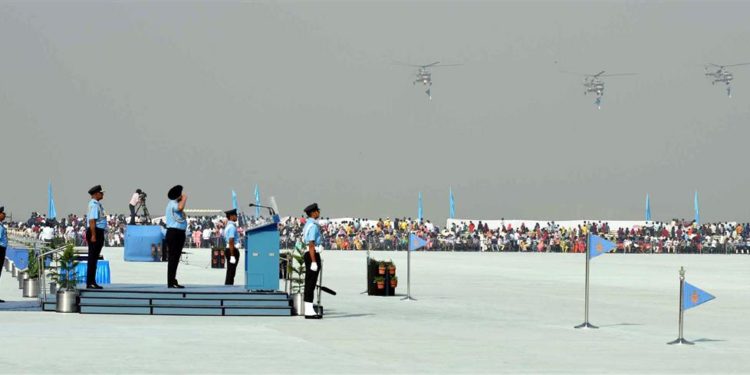 The Chief of the Air Staff, Air Chief Marshal B.S. Dhanoa on dais during the Air Force Day Parade, at Air Force Station Hindan, in Ghaziabad on October 08, 2018.