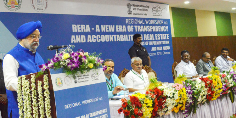 The Minister of State for Housing and Urban Affairs (I/C), Shri Hardeep Singh Puri addressing the regional workshop on RERA-a New Era of Transparency and Accountability in Real Estate two years of implementation and way ahead, in Chennai on October 12, 2018.