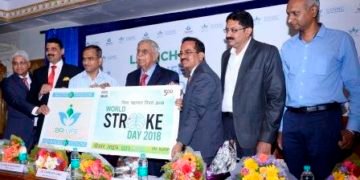 Launch of Postage Stamp by BR Life SSNMC Hospital. From Left to Right are - Dr Ajoy Raj Malpe, Group Medical Director, BR Life; Colonel Hemraj Singh Parmar, Group CEO of BR Life; Dr. Charles Lobo, Chief Postmaster General, Karnataka Circle; Mr. Venkatachaliah, Former Chief Justice of India; Dr. N K Venkataramana, Chief Neurosurgeon, BR Life SSNMC-BRAINS Neurosciences Center of Excellence;  Dr Kiran Kumar, Director Operations BR Life SSNMC Hospital & Dr. Prabhakar, CEO, BRAINS.