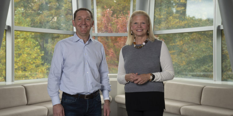 Ginni Rometty, Chairman, President, and CEO of IBM, at right, and James M. Whitehurst, CEO of Red Hat, left, announced, Sunday, October 28, 2018, Armonk NY,  that the companies have reached a definitive agreement under which IBM will acquire all of the issued and outstanding common shares of Red Hat for $190.00 per share in cash, representing a total enterprise value of approximately $34 billion. This acquisition brings together the best-in-class hybrid cloud providers and will enable companies to securely move all business applications to the cloud.