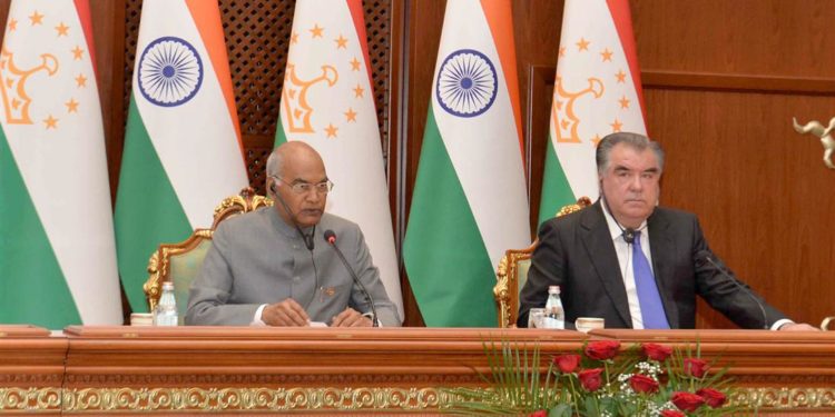 The President, Ram Nath Kovind and the President of Tajikistan, Mr. Emomali Rahmon at the Joint Press Statements, at Palace of Nation, in Dushanbe, Tajikistan on October 08, 2018.