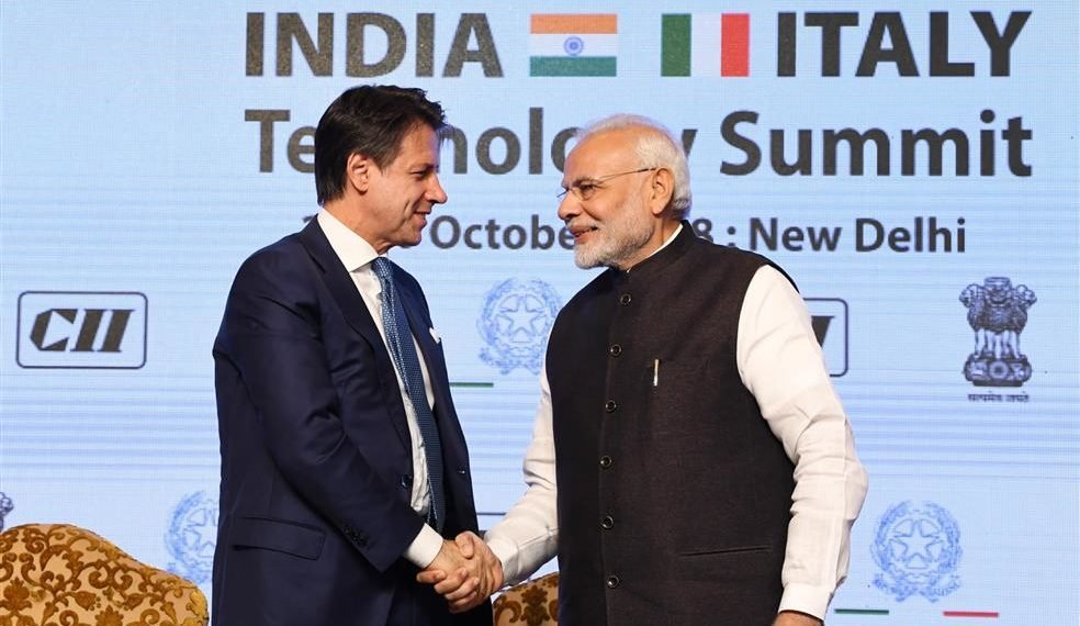 The Prime Minister,  Narendra Modi and the Prime Minister of Italy, Mr. Giuseppe Conte at the valedictory session of the India-Italy Technology Summit, in New Delhi on October 30, 2018