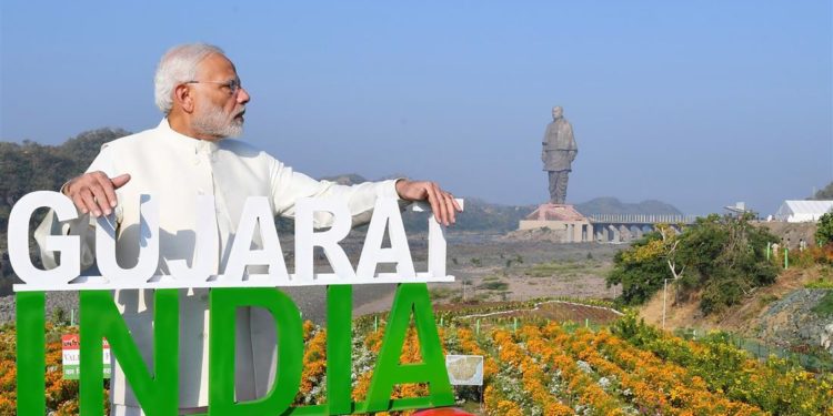 The Prime Minister, Narendra Modi at the inauguration of the Valley of Flowers, during the dedication ceremony of the ‘Statue of Unity’ to the Nation, on the occasion of the Rashtriya Ekta Diwas, at Kevadiya, in Narmada District of Gujarat on October 31, 2018.