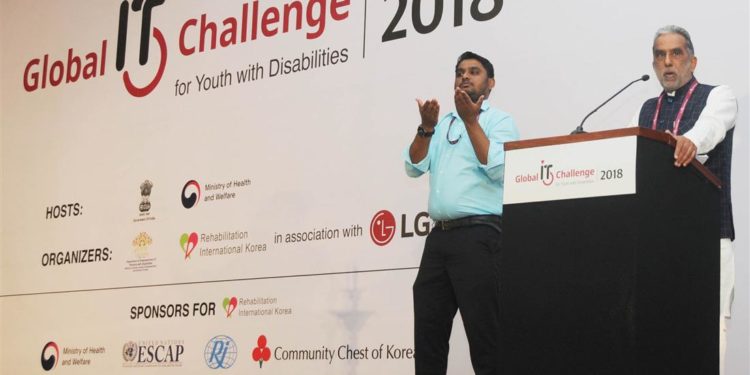 The Minister of State for Social Justice & Empowerment, Krishan Pal addressing at the inauguration of the “Global IT Challenge for Youth with Disabilities, 2018”, organised by the DEPwD, Ministry of Social Justice & Empowerment, in New Delhi on November 09, 2018.